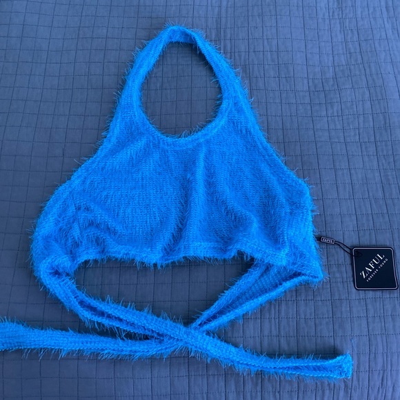 Zaful Tops - fuzzy knit halter crop top with string ties